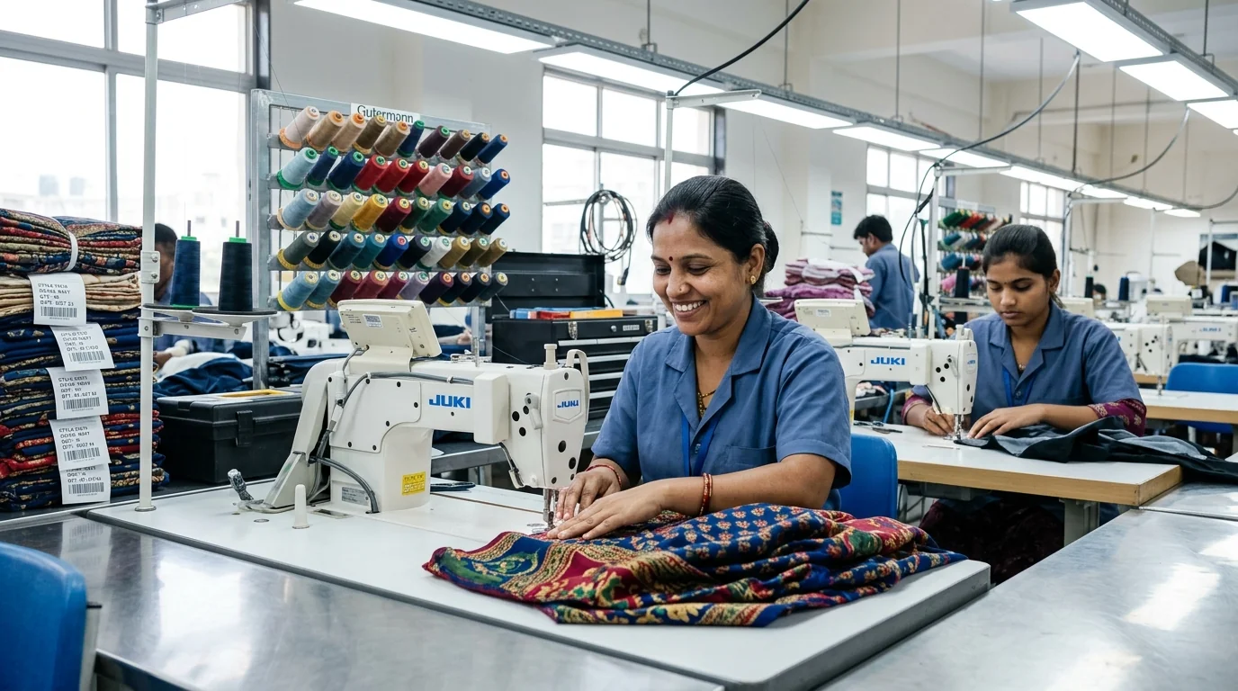 High-speed garment factory assembly line with active operators and computerized stations