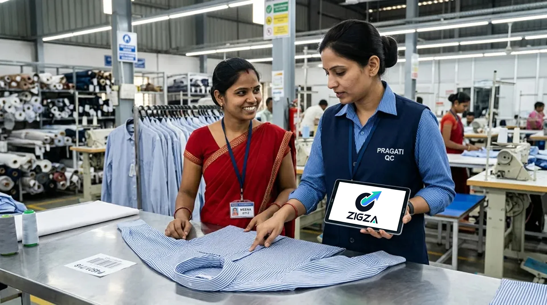 Apparel quality supervisor conducting live digital inspection on the assembly floor